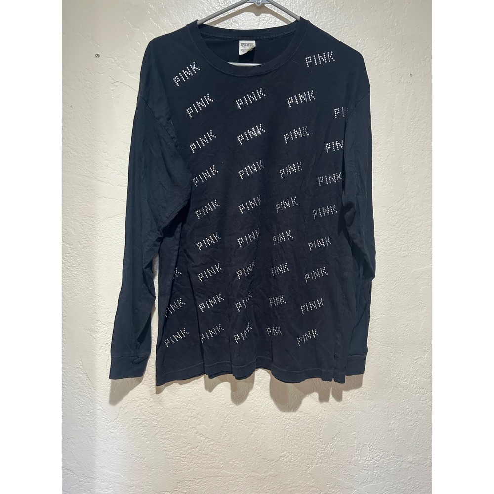 Victoria's Secret PINK Black Rhinestone All Over Logo Long Sleeve Tee‎ Shirt L